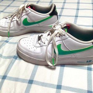 Nike airfoce 1 with blue and a kind of green swoosh